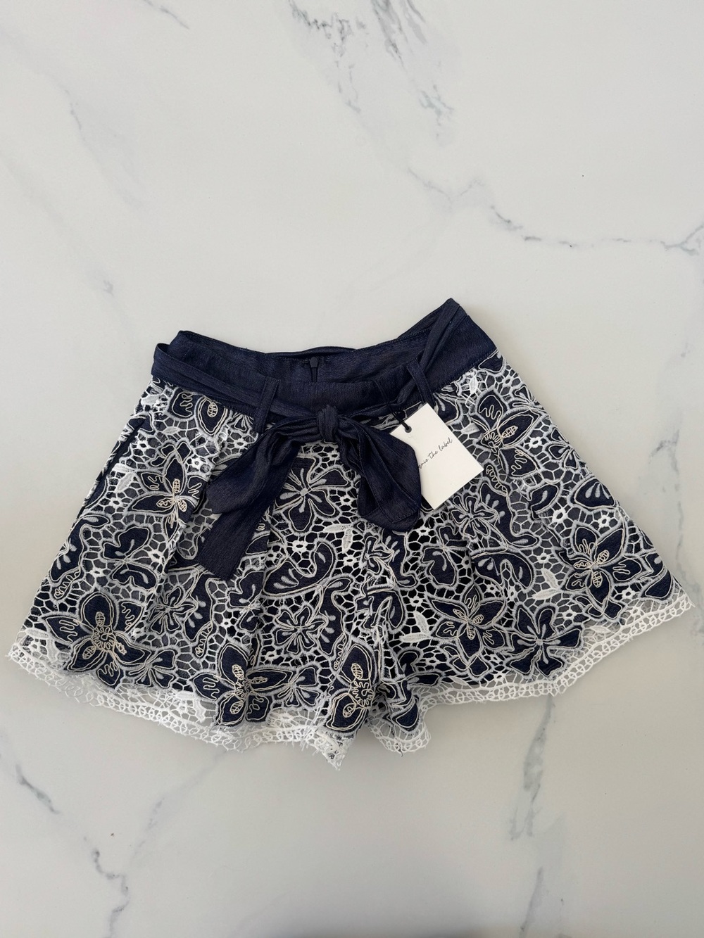 Navy and White High Waist Lace Overlay Shorts